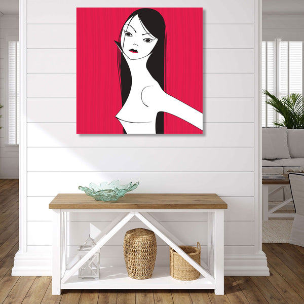 Woman Portrait on Red Background, Digital Art