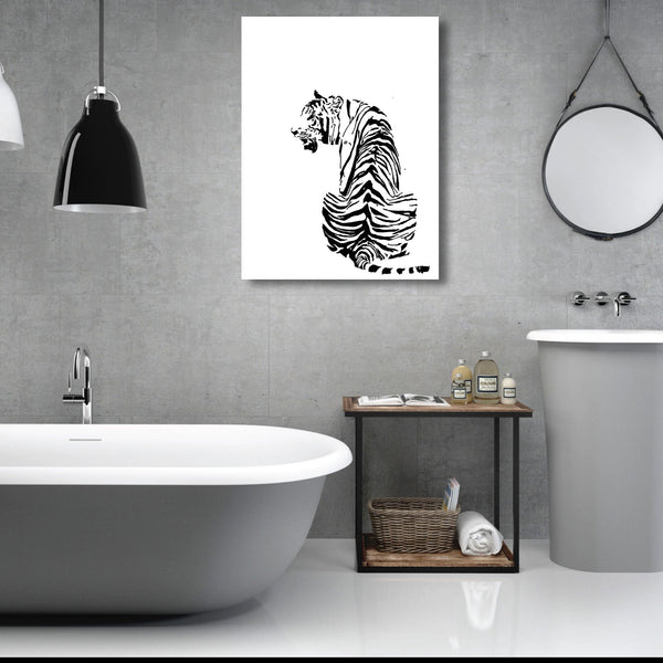 Sitting Tiger Silhouette, Black/White Sketch