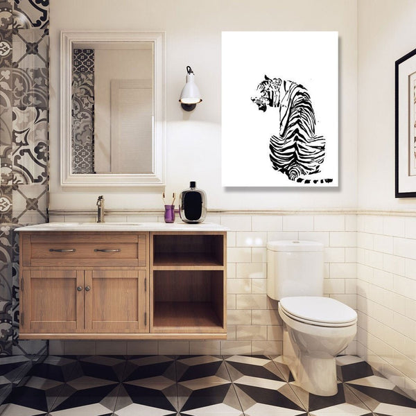 Sitting Tiger Silhouette, Black/White Sketch