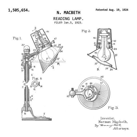 READING LAMP  (1923, N. MACBETH) Patent Print