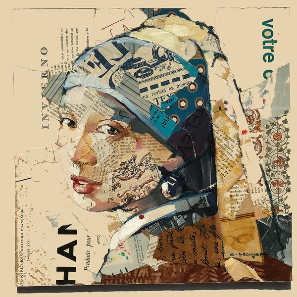 Rereading the Girl with Pearl Earring, Collage/Watercolor