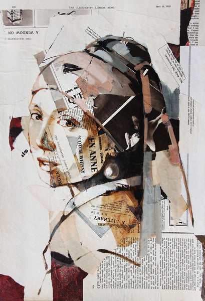 Rereading the Girl with Pearl Earring, Collage/Watercolor