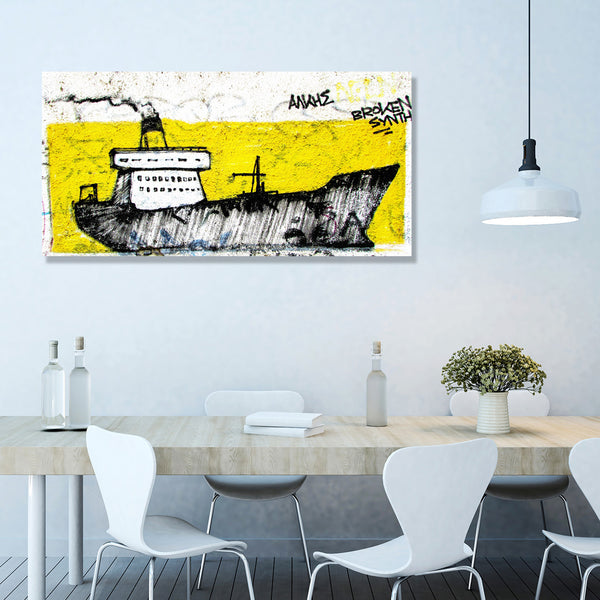 Yellow Boat Ship, Graffiti on Brick Wall