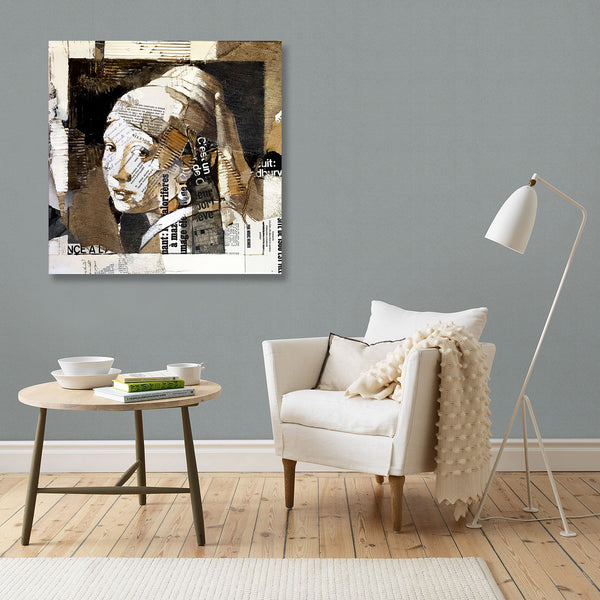 Rereading the Girl with Pearl Earring, Collage/Watercolor