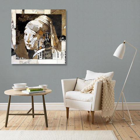 Rereading the Girl with Pearl Earring, Collage/Watercolor