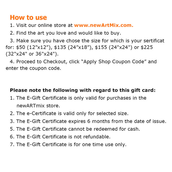 e-Gift Certificate for purchase any one art print