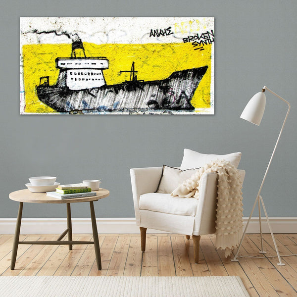 Yellow Boat Ship, Graffiti on Brick Wall