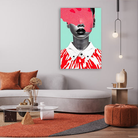 Modern living room with a colorful abstract painting on the wall.