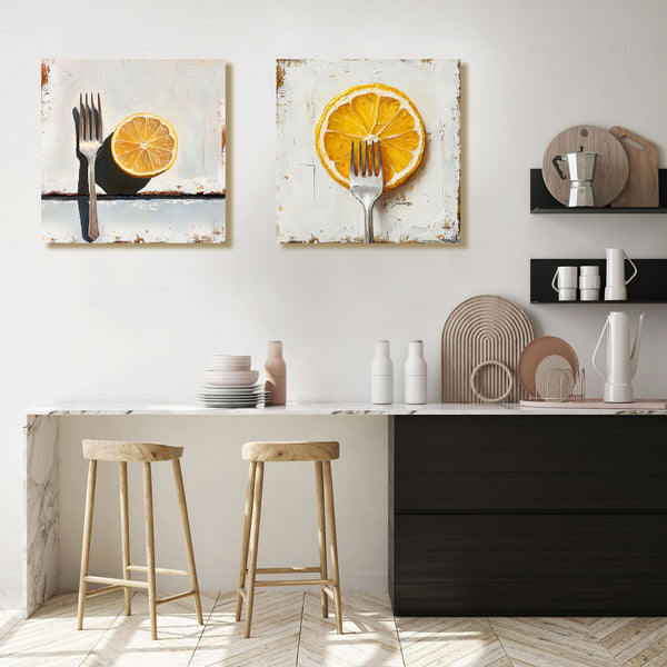 Modern kitchen interior with large decorative wall art.
