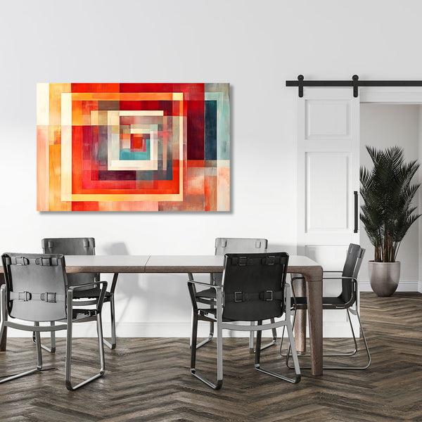 Dining room with a modern abstract painting on the wall, wooden table, and chairs.