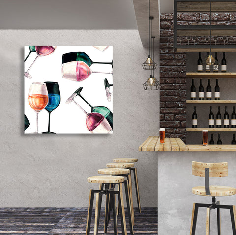Wine glass painting on a wall in a bar setting with wooden stools and shelves.