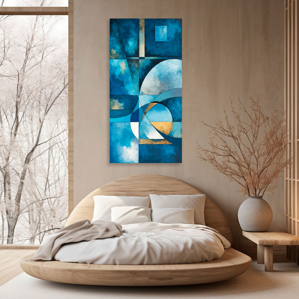 Modern bedroom with  abstract blue painting, and decorative elements.
