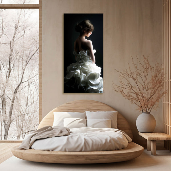 Modern bedroom with wooden bed, decorative pillows, and a wall art piece of a woman in a white dress.