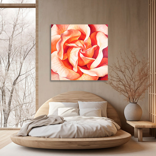 Modern bedroom with abstract floral painting on the wall, and decorative elements.