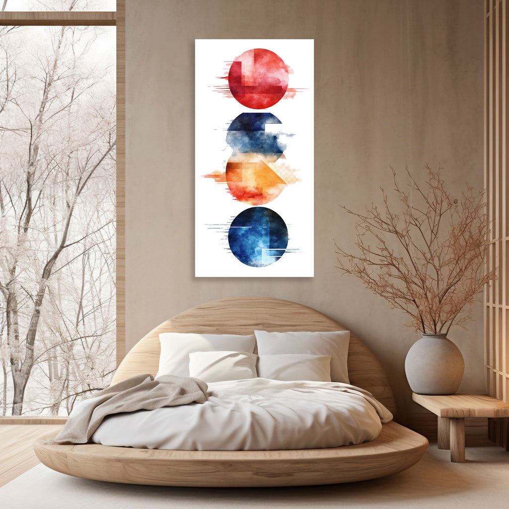 Modern bedroom with a round wooden bed, colorful abstract wall art.