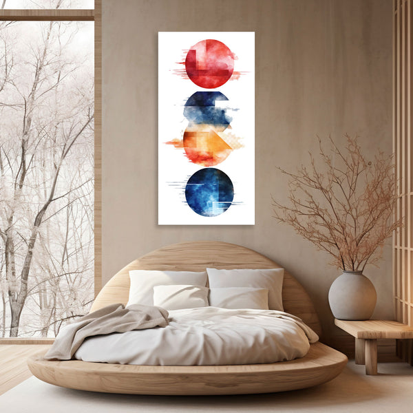 Modern bedroom with a round wooden bed, colorful abstract wall art.
