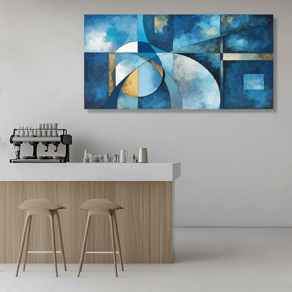 Abstract blue and gold painting above a bar.