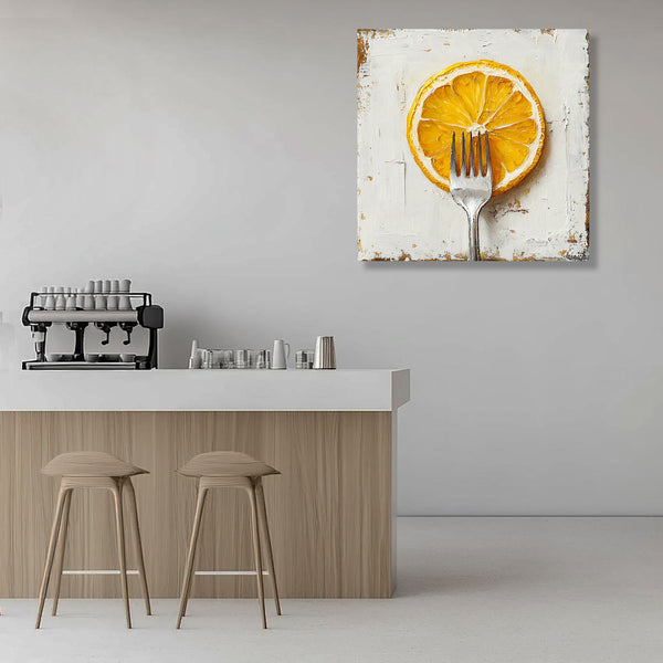 Modern cafe interior with a bar area,  and a decorative wall art of an orange slice on a fork.