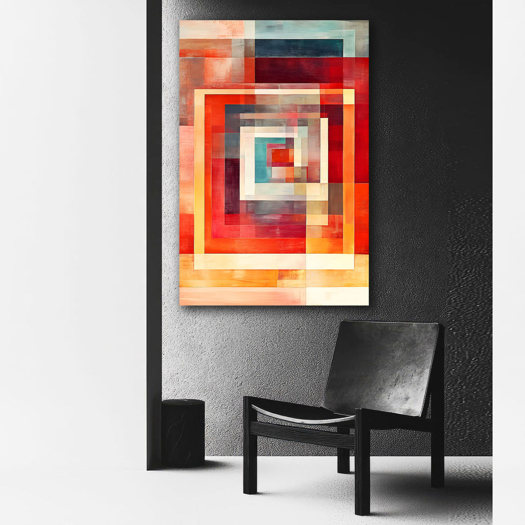 Abstract square artwork with geometric patterns on a dark wall above a black chair.