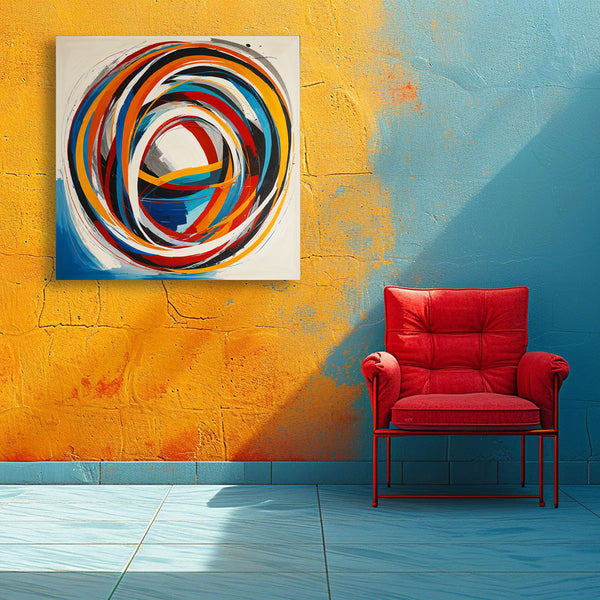 Red chair in front of a colorful abstract painting on a yellow and blue wall.