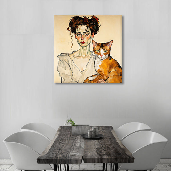 Woman with Cat, Egon SCHIELE Inspired Portrait