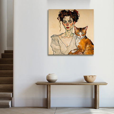Woman with Cat, Egon SCHIELE Inspired Portrait