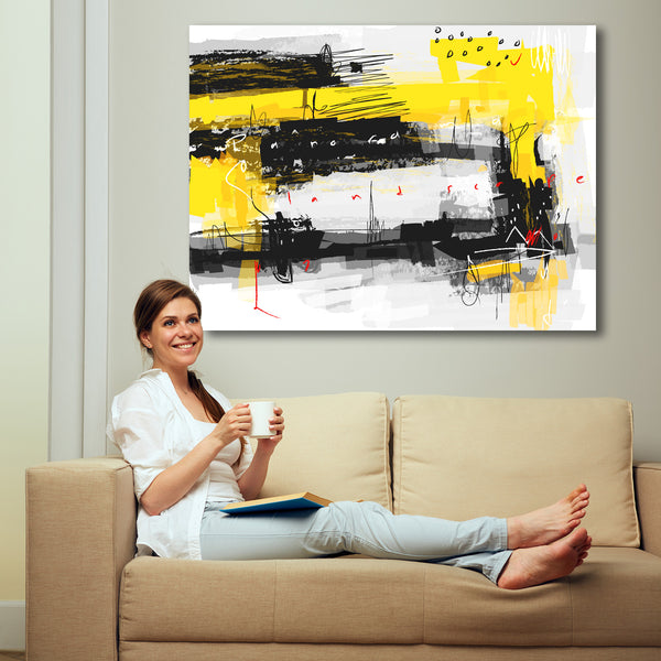 Abstract Black Yellow Composition, Watercolor Painting