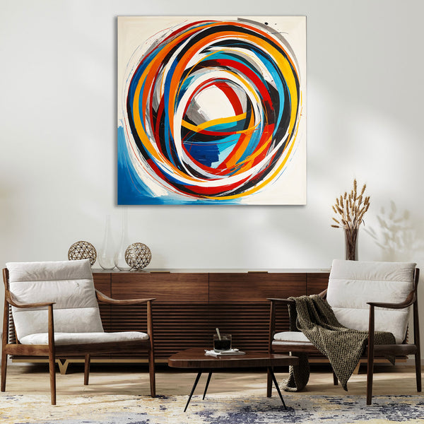 Modern living room with a colorful abstract painting on the wall.