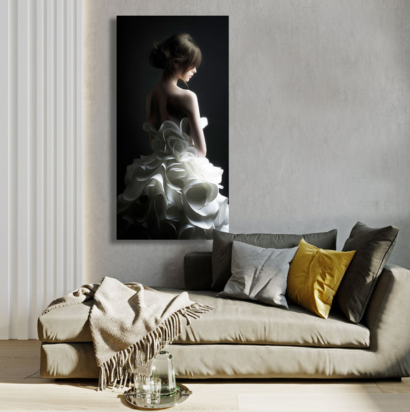Sofa with decorative pillows and a large wall art of a woman in a white dress.