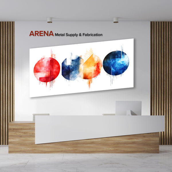 Modern office reception area with a colorful abstract art piece on the wall.