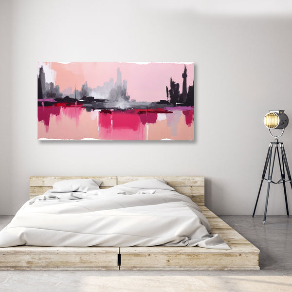 Abstract cityscape painting on a wall above a bed