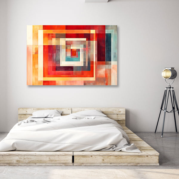Abstract colorful painting on a wall above a bed in a modern bedroom.