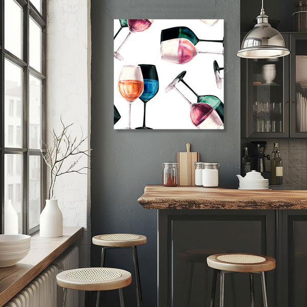 Modern kitchen with a bar area, colorful wine glass painting on the wall, and wooden stools.