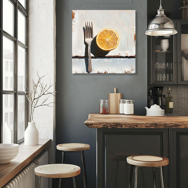 Modern kitchen with dark gray walls and bright orange wall art.