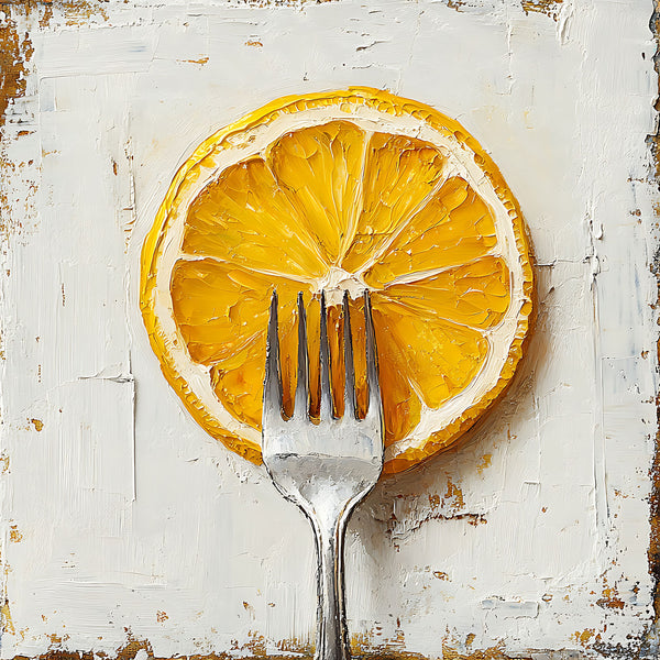 wall art print - Sliced lemon on a fork against a textured white background