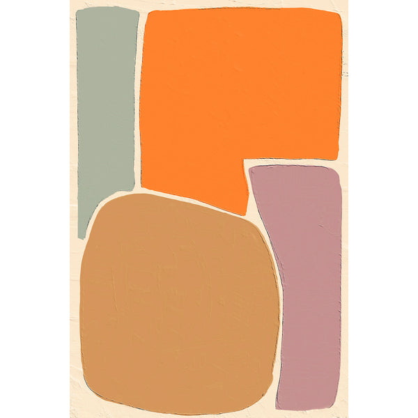 Abstract art with four colored shapes on a beige background