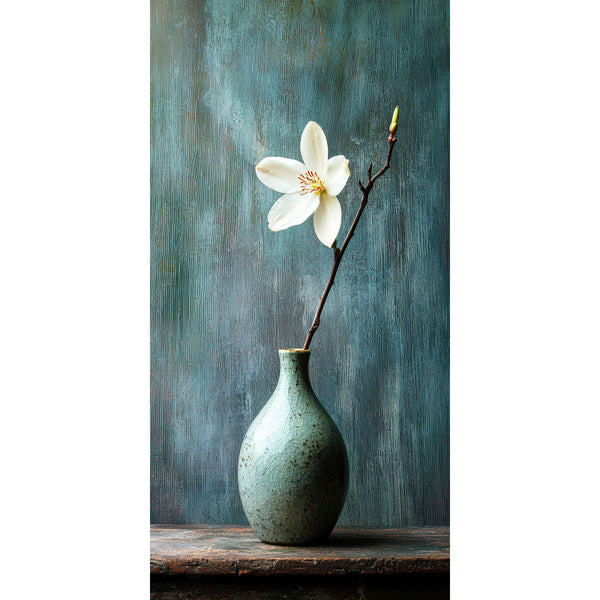 Photo Wall Art - Teal ceramic vase with a white flower against a textured teal background