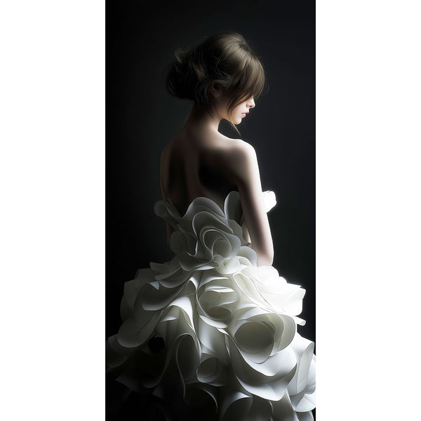 Woman wearing a white, ruffled dress against a dark background