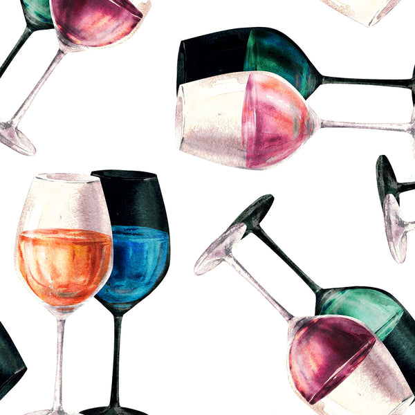 Colorful wine glasses with different colored liquids on a white background