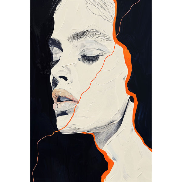 Artistic depiction of a face with a black background and orange accents