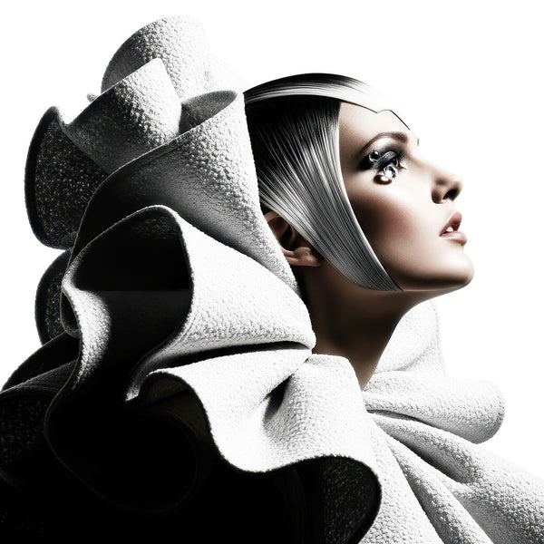 Wall art - woman with dramatic hair styled in black and white against a white background
