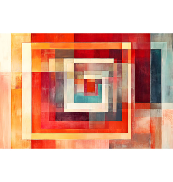 Abstract art with geometric shapes and vibrant colors on a white background