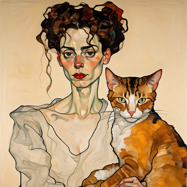 Woman with Cat, Egon SCHIELE Inspired Portrait