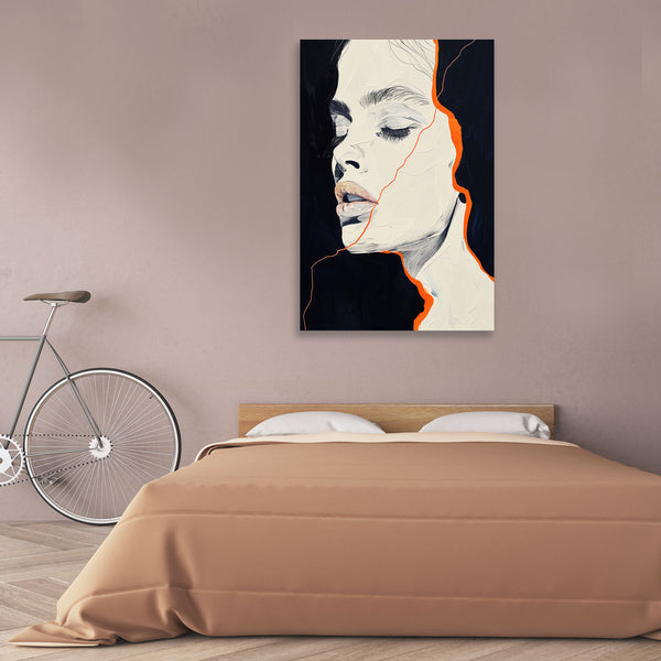 Bedroom with a bicycle and abstract art on the wall