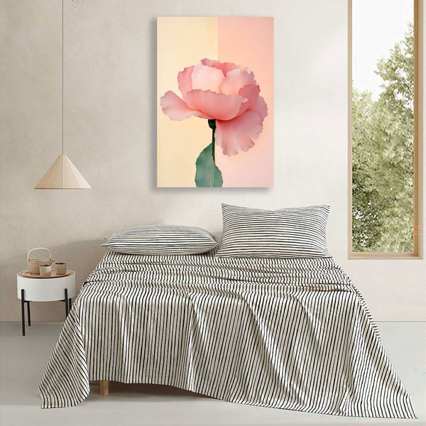 Bedroom with a pink floral painting on the wall.