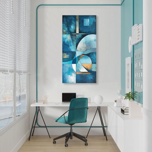 Modern office space with a desk, chair, and abstract blue artwork on the wall.