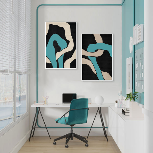Modern office space with abstract art on the wall and a desk.