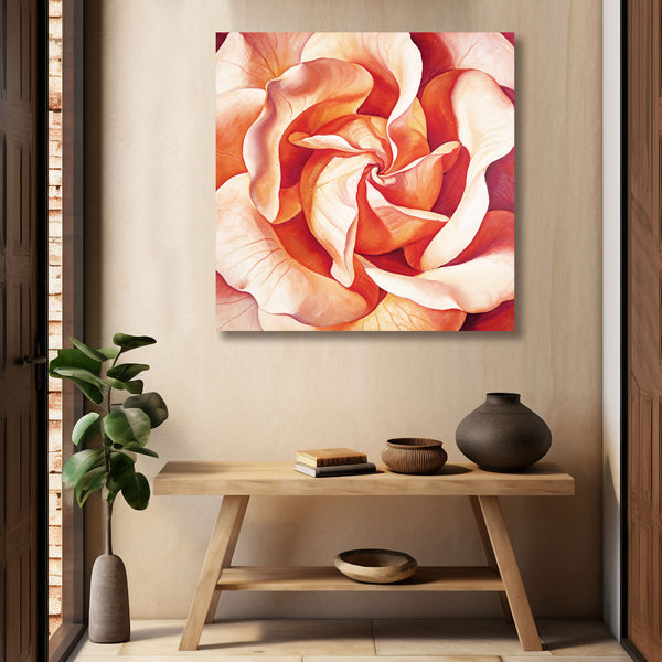 Decorative painting of a rose on a wall above a wooden console in the hallway
