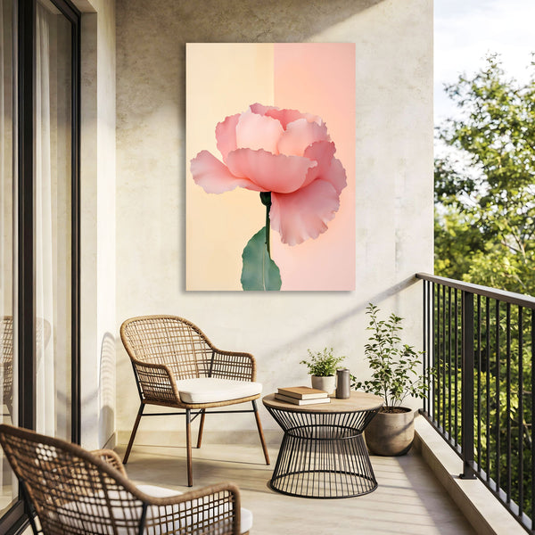 Balcony with  pink floral artwork on a wall.