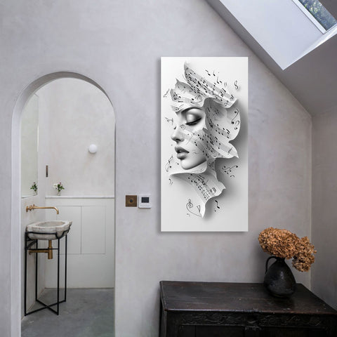 Modern interior with a decorative wall art piece featuring a face with musical notes.